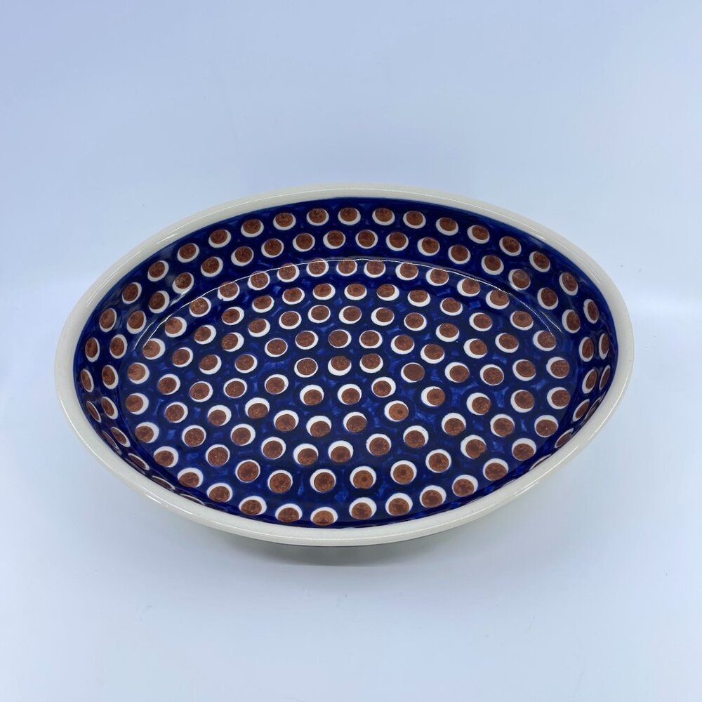 vintage polish pottery oval baking dish "peacock eye" pattern handcrafted